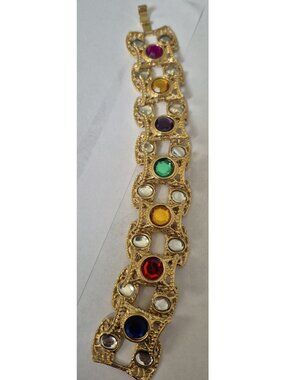 VTG  Metal Filigree Panel Bracelet Faceted Rhinestones 8"